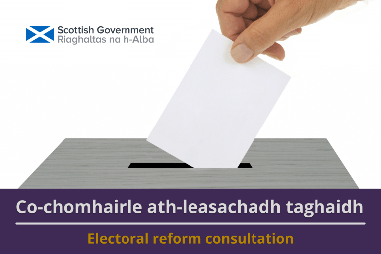 Picture: A voting card being deposited in a polling box. The Scottish Government's logo appears in the top left of the image. Text reads 'Electoral Reform Consultation'
