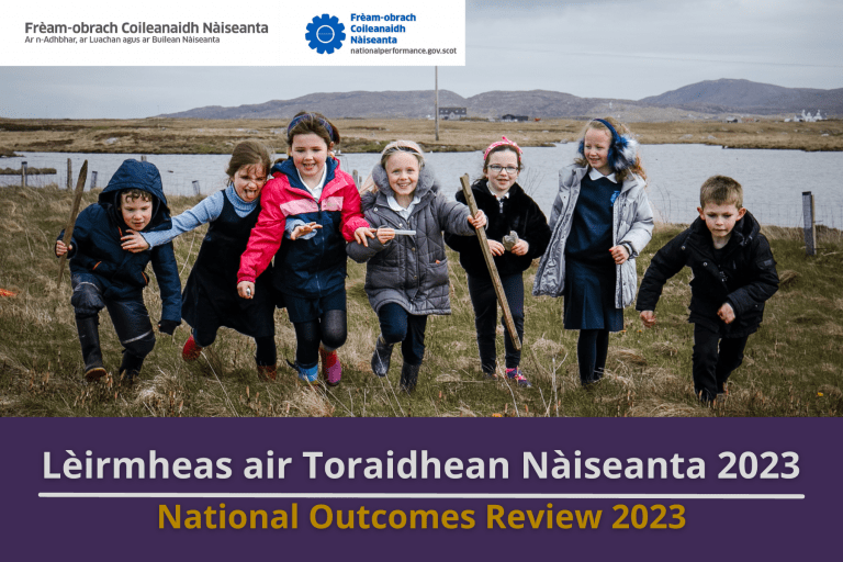 Picture: 7 primary school children running towards the camera on a croft/common in the Western Isles. Text reads 'National Outcomes Review 2023'