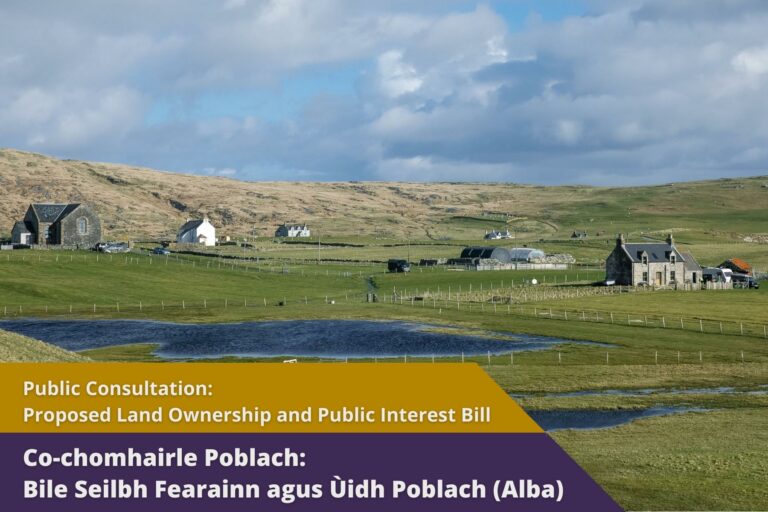 Picture: Rural scottish island village, text reads 'public contultation: Proposed Land Ownership and Public Interest Bill