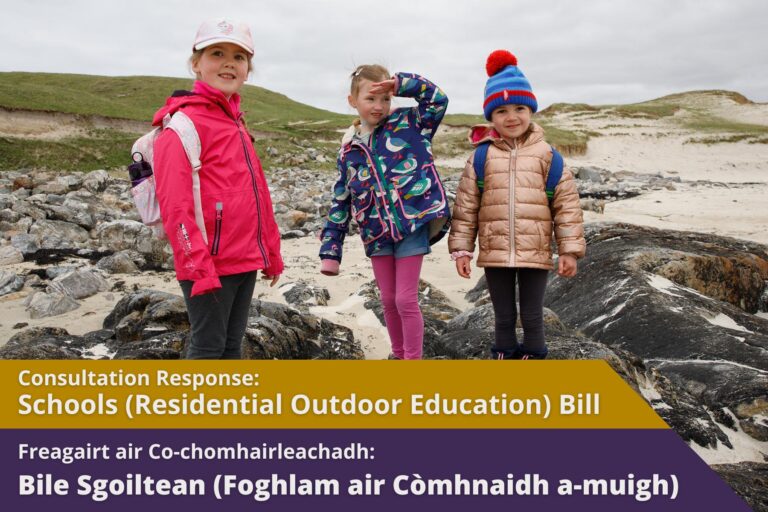 Picture: 3 young girls standing on rocks by the beach. text reads "Consultation Response: Schools (Residential Outdoor Education) Bill".