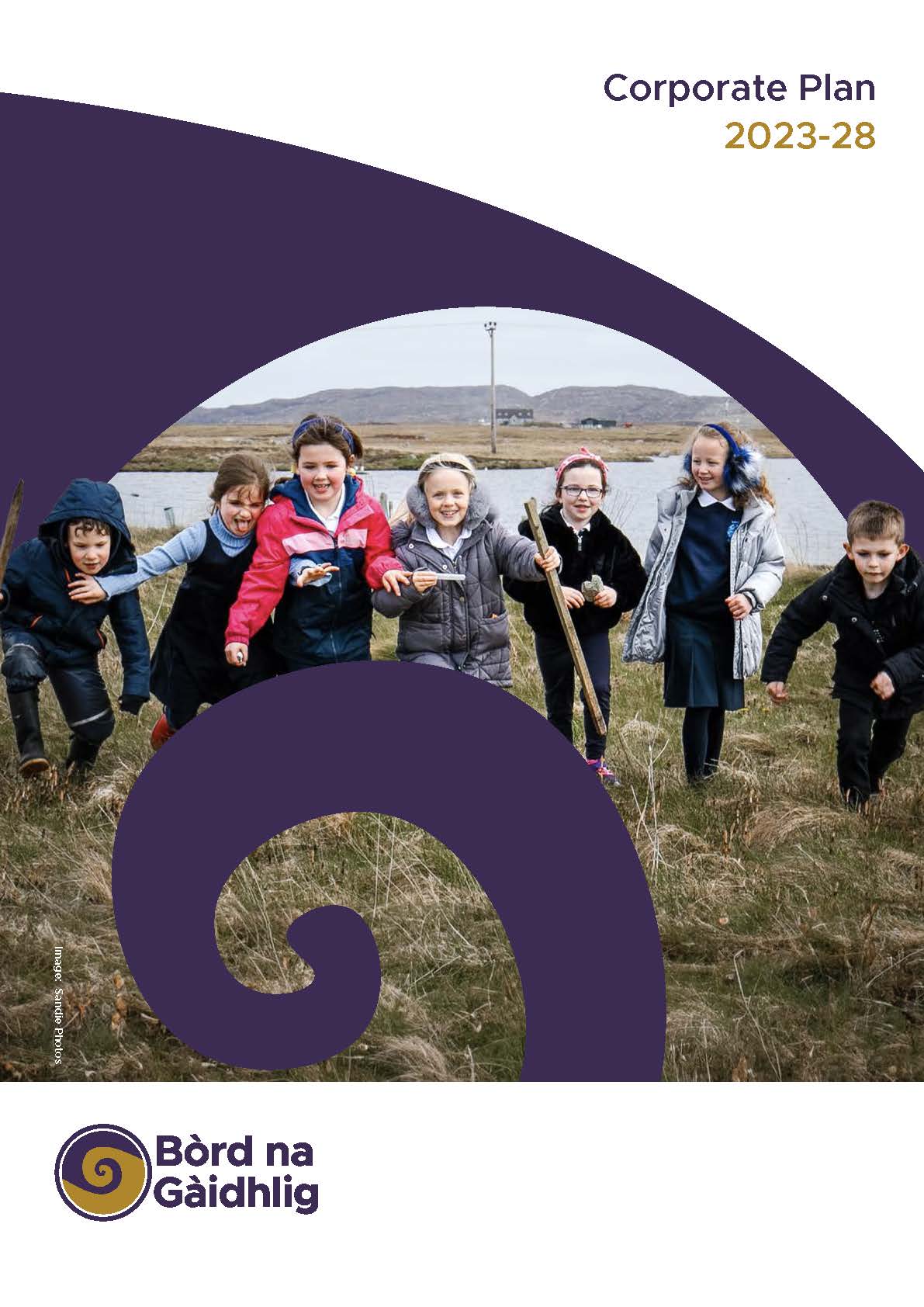 Image: Front cover of BnG Corporate Plan. Picture of 6 primary school pupils in the Western Isles running in a field, overlayed with the purple swirl used in the BnG logo. The BnG logo appears in the bottom left. Text in the top right reads 'Corporate Plan 2023-28'.