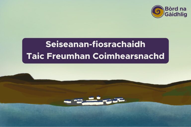 Image: Digital drawing of a small village on the coast of an island. Text reads "Community Grants Fund Information Sessions" in Gaelic.